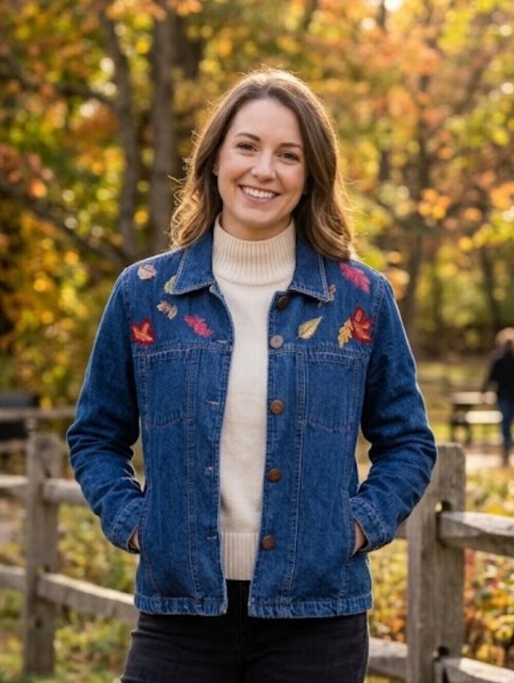 Passport Jean Jacket Large Fall Leaves Button Up Embroidery Cotton Vintage